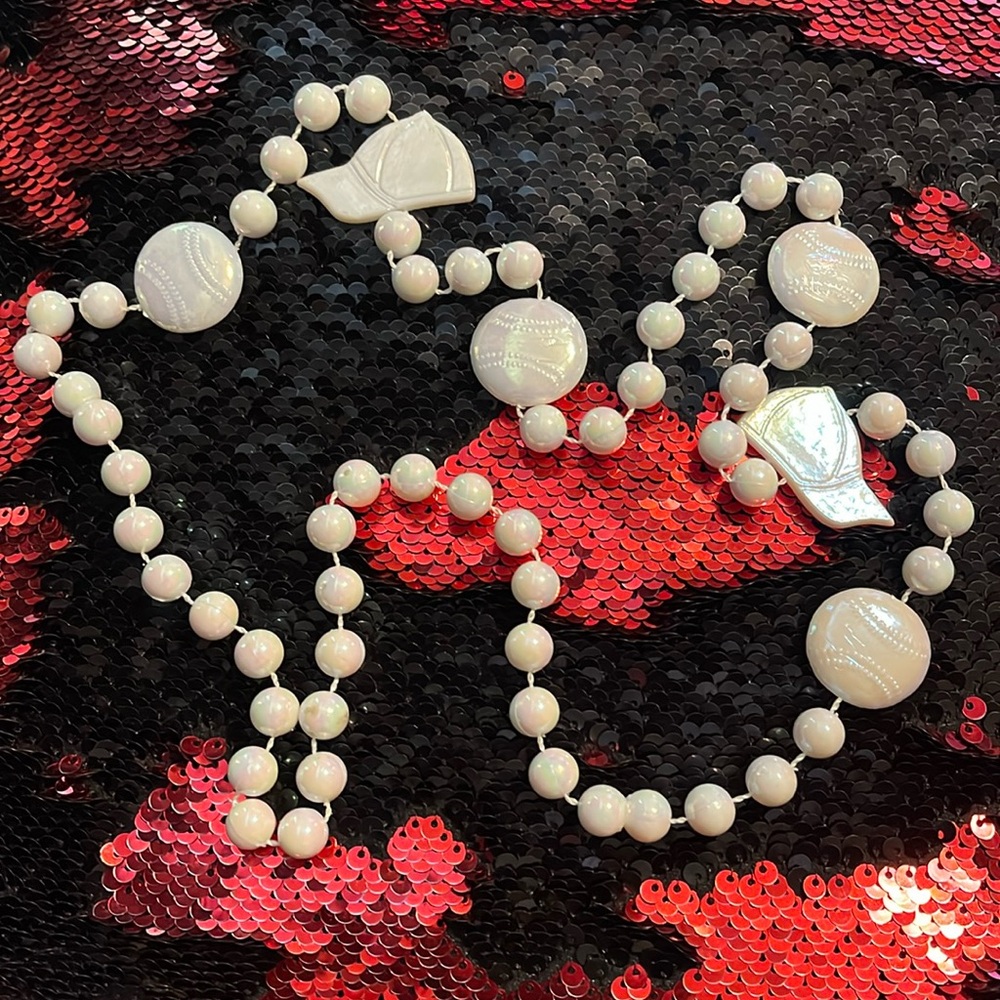 Elegant White Iridescent Beaded Baseball Cap & Baseball Necklace 32”